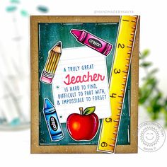 a card with an apple, pencils, ruler and eraser on it that says a truly great teacher is hard to find