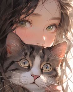 a girl with long hair holding a cat in her arms and looking at the camera