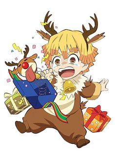 an anime character is running with presents in his hand and reindeer's antlers around him