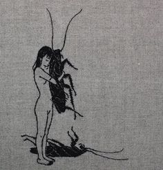 a drawing of a woman with long hair hugging another woman's back in front of a gray background