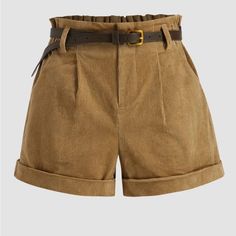 Never Worn. Tan Brown Corduroy Shorts W/ Pockets, Elastic Waist, & Belt. Pocket In The Back Is Fake. (Belt Not Included) Winter Wool Shorts, Brown High-waisted Corduroy Shorts, Brown High Waist Corduroy Shorts, High Waist Brown Corduroy Shorts, Brown Corduroy Shorts, Cottagecore Shorts, Bedazzled Jeans, Belt Pocket, Womens High Waisted Shorts