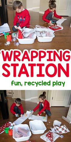 two children sitting on the floor in front of some paper plates and napkins with words wrapping station fun, recycled play