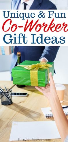 two people exchanging gifts at a desk with the words unique and fun co - worker gift ideas