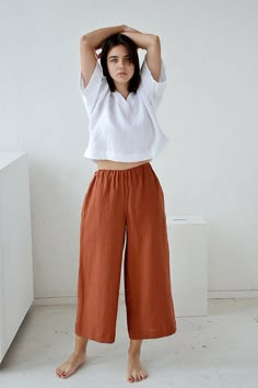 Linen pants / Culottes linen pants / Terracotta linen culottes | Etsy Brown Linen Wide Leg Pants For Summer, Brown Linen Wide Leg Pants For Spring, Spring Brown Linen Wide Leg Pants, Brown Linen Wide Leg Bottoms, Brown Wide Leg Linen Bottoms, Sewing Wardrobe, Flared Linen Pants, Terracotta Linen, Linen Culottes