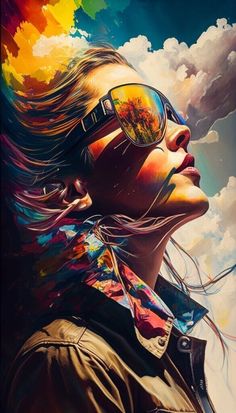 a painting of a woman wearing sunglasses and looking up into the sky with clouds in the background