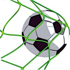 a soccer ball in the goal net with green wire on it's bottom edge