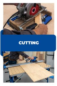 a man using a table saw to cut plywood planks with the words cutting on it