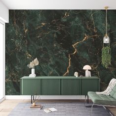 a living room with green marble wallpaper and a chair in front of the sideboard