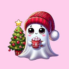 a cute little ghost holding a coffee cup next to a christmas tree