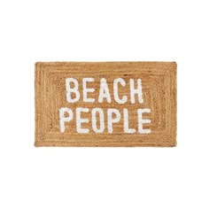 a door mat with the words beach people written in white ink on it, against a white background