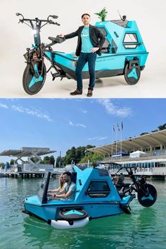 two pictures one is blue and the other has a man standing next to a small boat