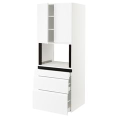 a white cabinet with two drawers and a black top on the bottom, against a white background