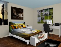 a bed room with a neatly made bed and pictures on the wall