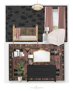 two photos of a baby's room with black and pink wallpaper, a white crib in the middle