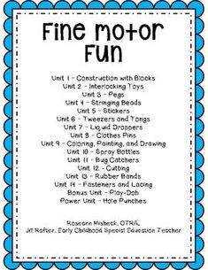 a blue and white poster with the words fine motor fun written in black on it