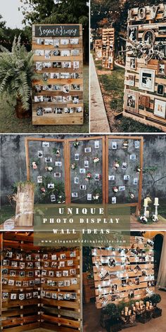 an outdoor wedding with wooden pallets and pictures on the wall, as well as photos