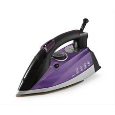 an electric iron on a white background with the word steam written in black and purple