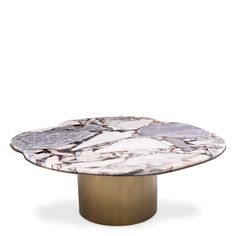 an oval marble table with gold base and metal legs, against a white background the top is made out of plexed wood