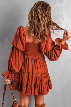 Brown Boho Solid Shirred Ruffle Mini Dress Cute Lantern, Lisa Fischer, Tiered Mini Dress, High Heels Sandals, Shape Matching, Bodycon Floral Dress, Off Shoulder Fashion, Mini Robes, Ruffle Mini Dress