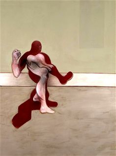 a painting of a person sitting on the ground with their legs crossed and one leg bent