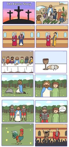 an animated comic strip showing the story of jesus's last supper