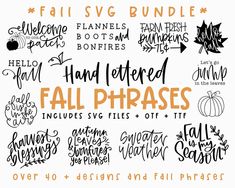 the fall phrases bundle includes hand lettering, pumpkins and leaves