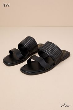 Step out the door looking stylish no matter what thanks to the Lulus Tazmynn Black Raffia Slide Sandals! Smooth faux leather shapes these chic, everyday sandals that feature a square footbed, adorned with a wavy toe strap and a wide, raffia-woven vamp strap. The effortless, slide-on design pairs perfectly with busy days on the go! 0. 25" rubber heel. Smooth insole. Rubber sole has nonskid markings. Man made materials. Imported. Lulus | Tazmynn Black Raffia Slide Sandal Heels. Black Slide Sandals With Textured Footbed, Non-slip Black Slides With Flat Heel, Black Non-slip Slides For Summer, Black Non-slip Slide Sandals, Black Slip-resistant Slides For The Beach, Everyday Sandals, Square Toe Shoes, Spring Break Outfit, Sandals Flat