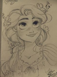 a pencil drawing of a girl with big eyes and flowers in her hair, wearing a dress