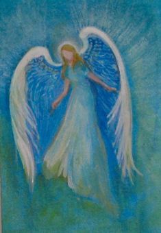 an angel painting with blue and white wings on a green background, in pastel colors