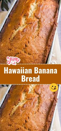 a loaf of hawaiian banana bread in a pan on a wooden table with text overlay