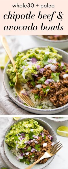 two plates filled with rice, meat and avocado bowls next to each other