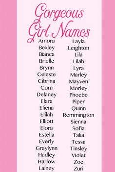 a pink and white poster with the names of various women's names on it