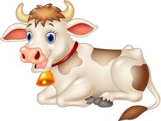 a cartoon cow laying down with a bell around its neck