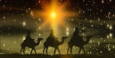 three wise men riding on camels in the desert at night with bright star background