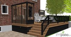 a 3d rendering of a deck with stairs and railings next to a brick building