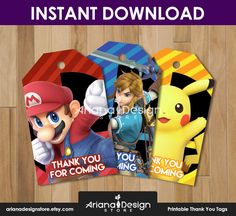 nintendo birthday tags with mario and pikachu on the front, thank you for coming to