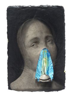 a woman's head with a blue object in her mouth, on a black background