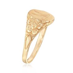 Classic 14k Stamped Yellow Gold Flower Ring, Classic Gold Etched Signet Ring, Heirloom Etched Signet Ring For Formal Occasions, Formal Heirloom Etched Signet Ring, 14k Yellow Gold Etched Signet Ring, Classic 14k Gold Stamped Signet Ring, Elegant Stamped 14k Gold Signet Ring, Classic 14k Stamped Flower Ring For Anniversary, Etched 14k Yellow Gold Signet Ring