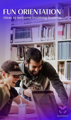 a man and woman looking at a laptop screen with the caption fun orientation ideas to welcome incoming students