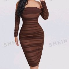 Shein Sxy Spring And Summer Ruffled Off-Shoulder Mesh Brown Tight Sexy Dress New With Tags Size M Shein Dress, Shein Dresses, Brown Color, New Dress, Strapless Dress, Off The Shoulder, Off Shoulder, Tights, Bodycon Dress