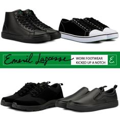 three different styles of black and white shoes with the words emmi jappose on them