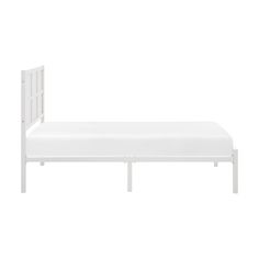 a white bed frame with no sheets on it