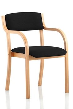 a wooden chair with black upholstered seat and armrests, viewed from the front