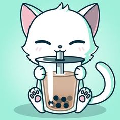 a white cat drinking from a cup with a straw in it's mouth and eyes