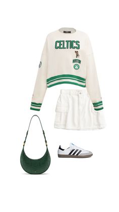 St patrick’s day outfit inspo, st patty’s day outfits, spring fashion, mini skirt, adidas samba outfit, sweater outfit, black purse, game day oufit, celtics outfit, spring outfit, cargo skirt, utility skirt, sneakers skirt outfit Celtics Outfit Women, Celtics Game Outfit Women, Celtics Outfit, Boston Celtics Outfit, Skirt Sneakers, Adidas Samba Outfit, Sports Outfits