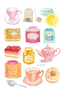 an illustration of various teas and cakes on a white background