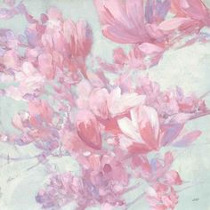 a painting of pink flowers on a blue background