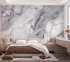 a bedroom with marble walls and flooring in neutral colors, along with a large bed