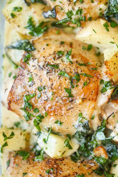 chicken with potatoes and spinach in a white sauce