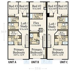 the floor plan for two story townhouses with three bedroom and one living room on each level